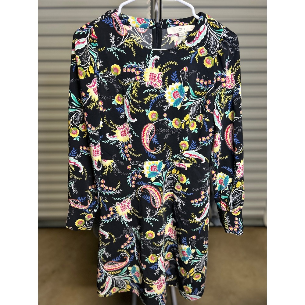 LOFT Dress Women 0P Black Floral Paisley Long Sleeve Mini Dress Petite Career